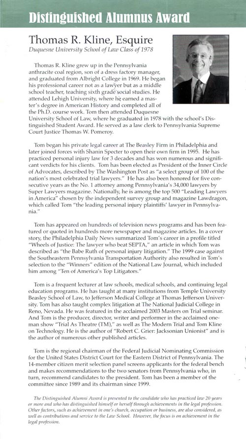 Tom Kline awarded 'Distinguished Alumnus Award' - Duquesne University School of Law