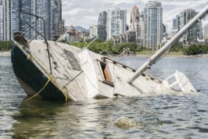 A sailboat tipped on its side in the water after a boating accident.