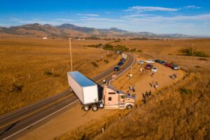 A drone shot of a trucking accident