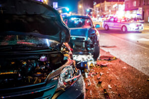 A damaged vehicle after a police chase collision
