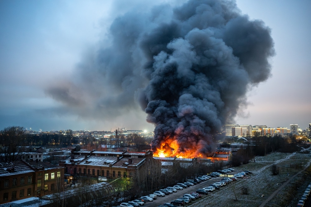 A building burning after an explosion